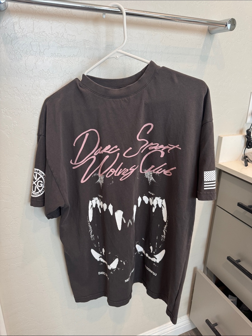 Darc Sport Black Tee with Pink Script Wolves Graphic